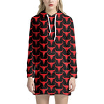 Red And Black Bull Skull Pattern Print Hoodie Dress