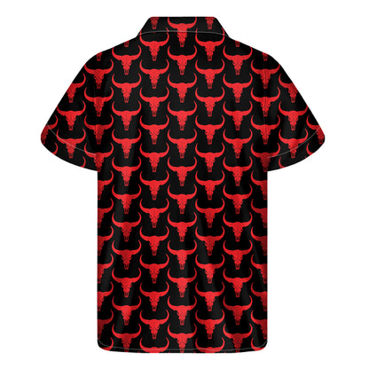 Red And Black Bull Skull Pattern Print Men's Short Sleeve Shirt
