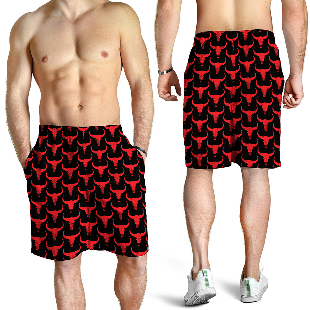 Red And Black Bull Skull Pattern Print Men's Shorts