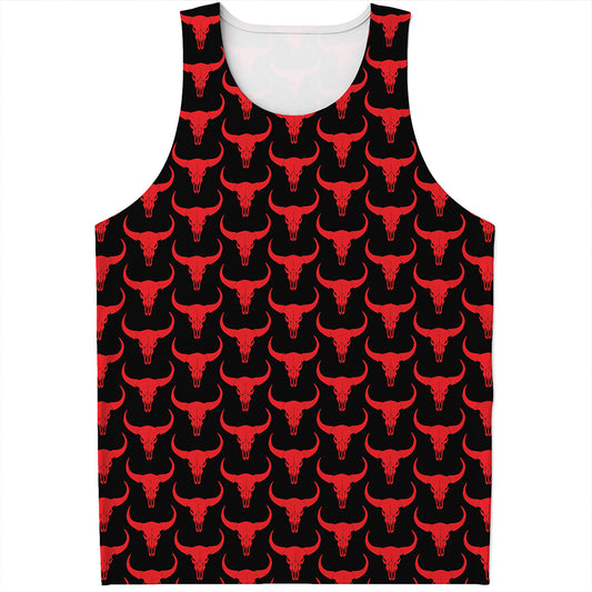Red And Black Bull Skull Pattern Print Men's Tank Top