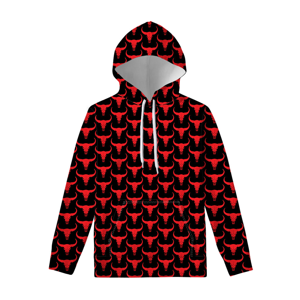 Red And Black Bull Skull Pattern Print Pullover Hoodie