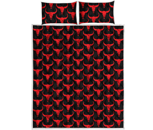 Red And Black Bull Skull Pattern Print Quilt Bed Set
