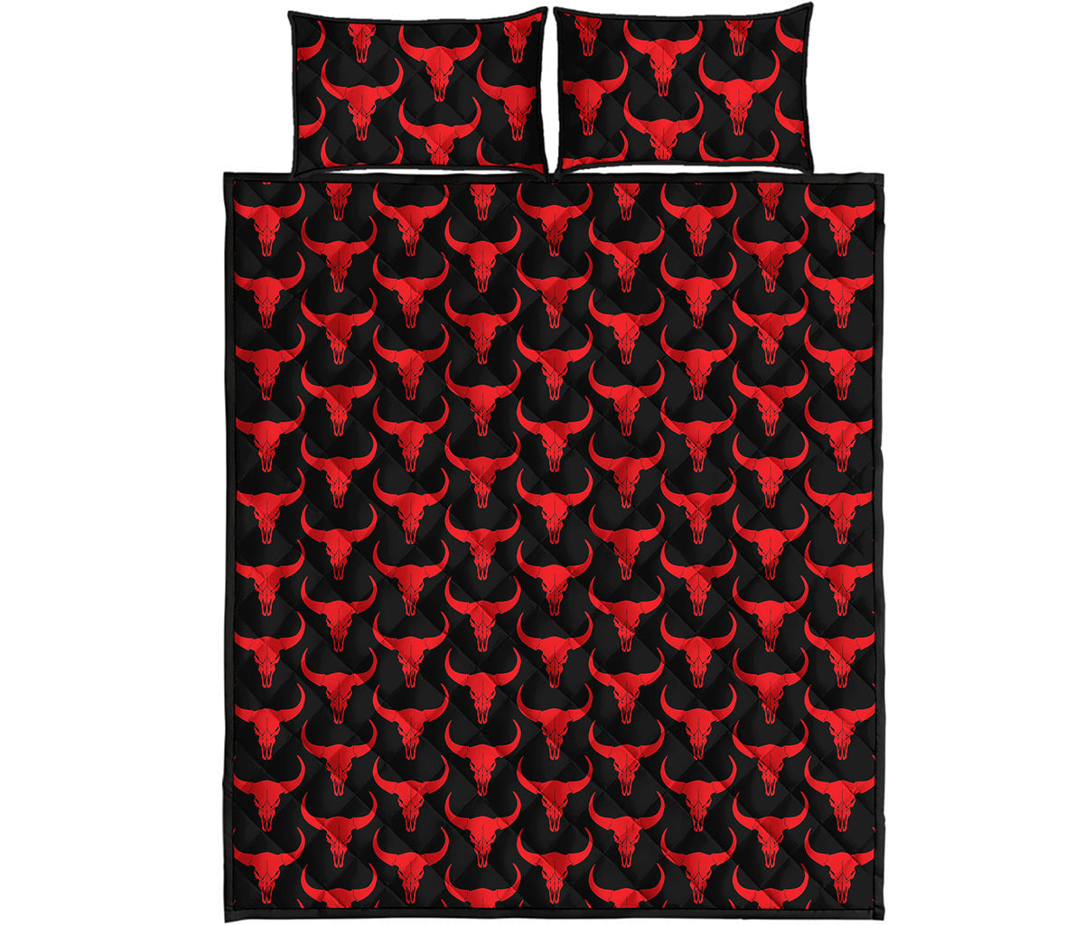 Red And Black Bull Skull Pattern Print Quilt Bed Set