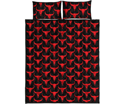 Red And Black Bull Skull Pattern Print Quilt Bed Set