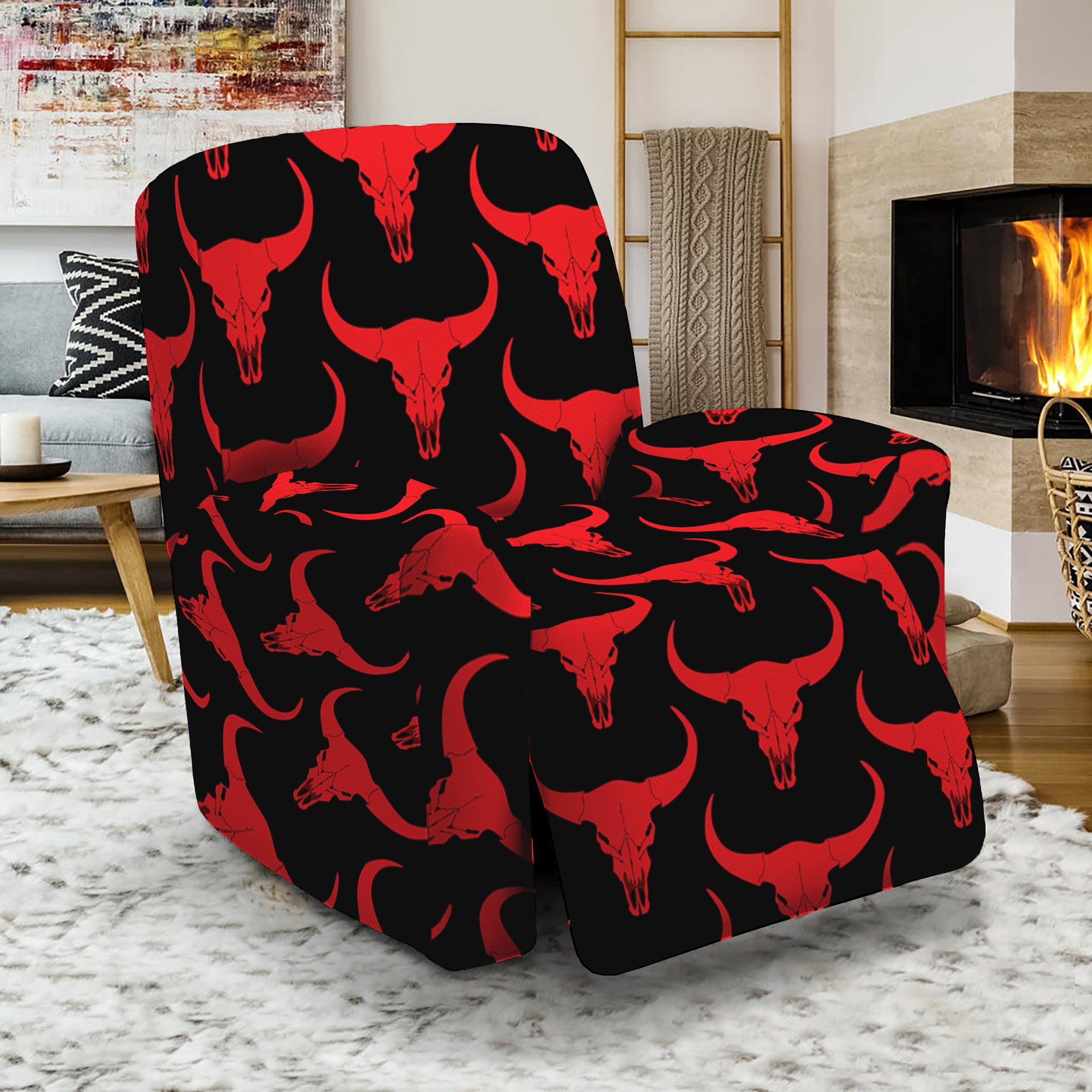 Red And Black Bull Skull Pattern Print Recliner Slipcover