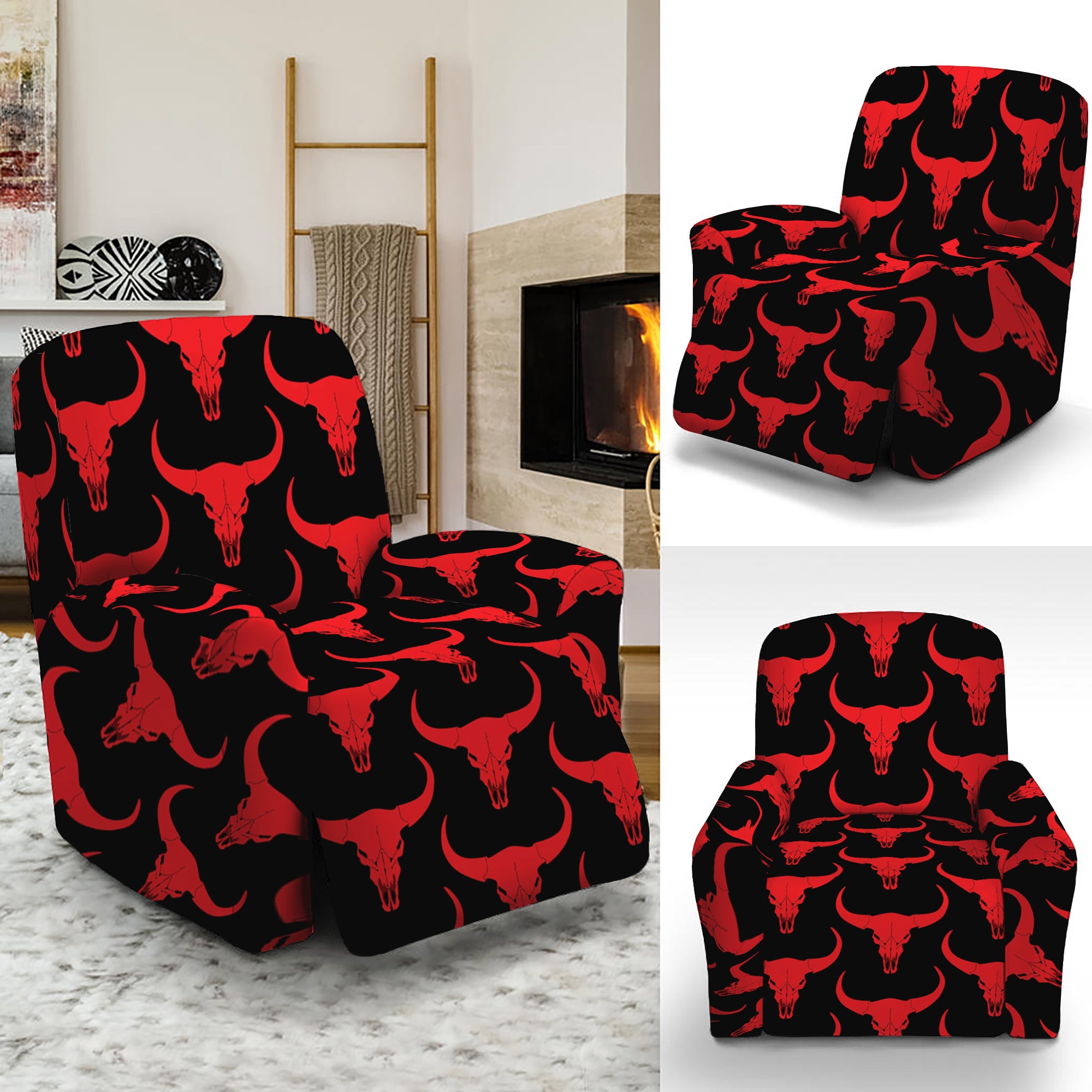 Red And Black Bull Skull Pattern Print Recliner Slipcover