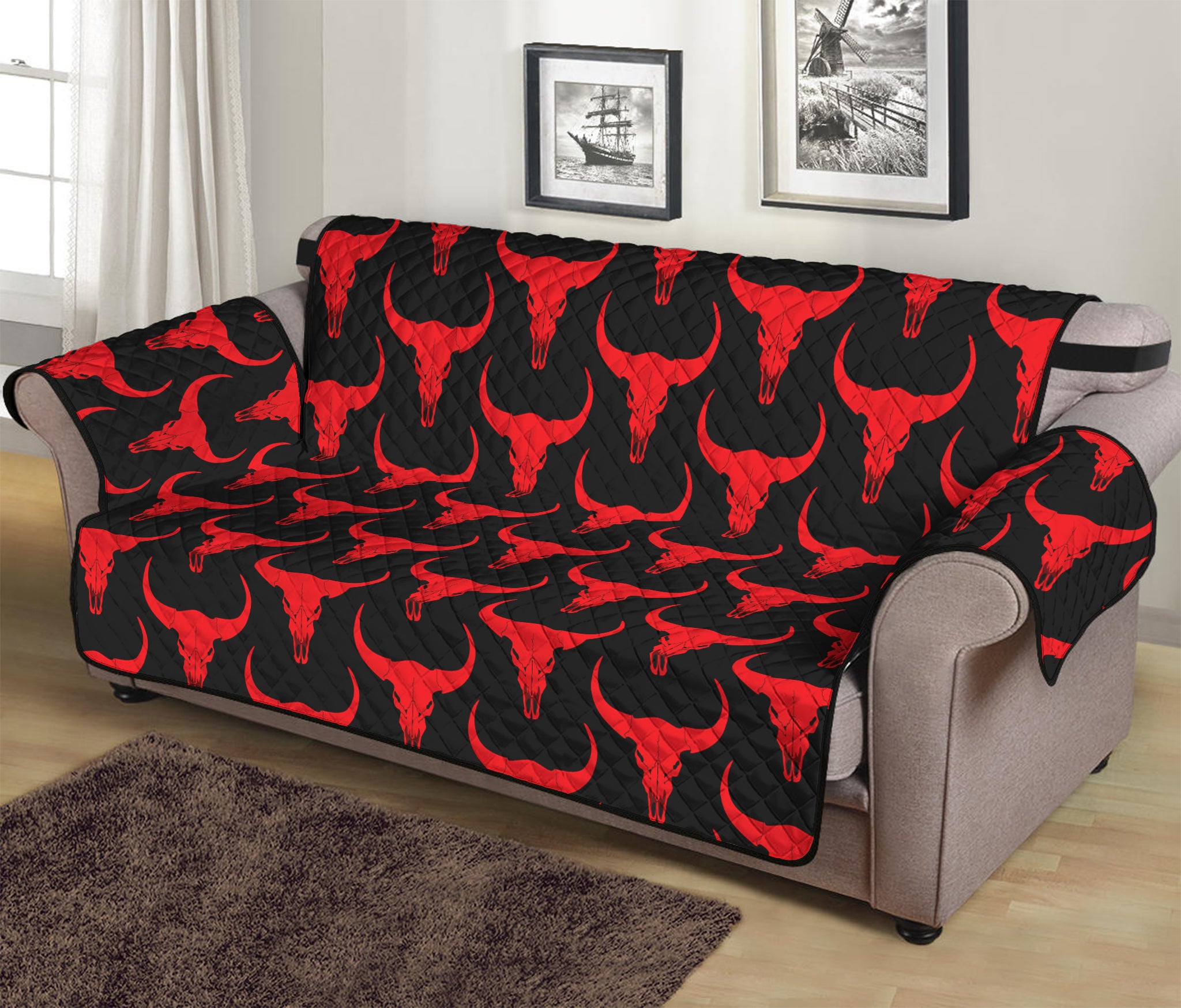 Red And Black Bull Skull Pattern Print Sofa Protector