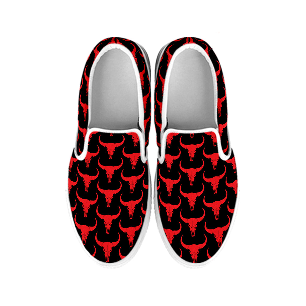Red And Black Bull Skull Pattern Print White Slip On Shoes
