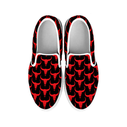 Red And Black Bull Skull Pattern Print White Slip On Shoes
