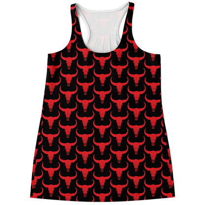 Red And Black Bull Skull Pattern Print Women's Racerback Tank Top
