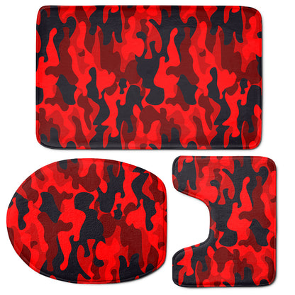 Red And Black Camouflage Print 3 Piece Bath Mat Set