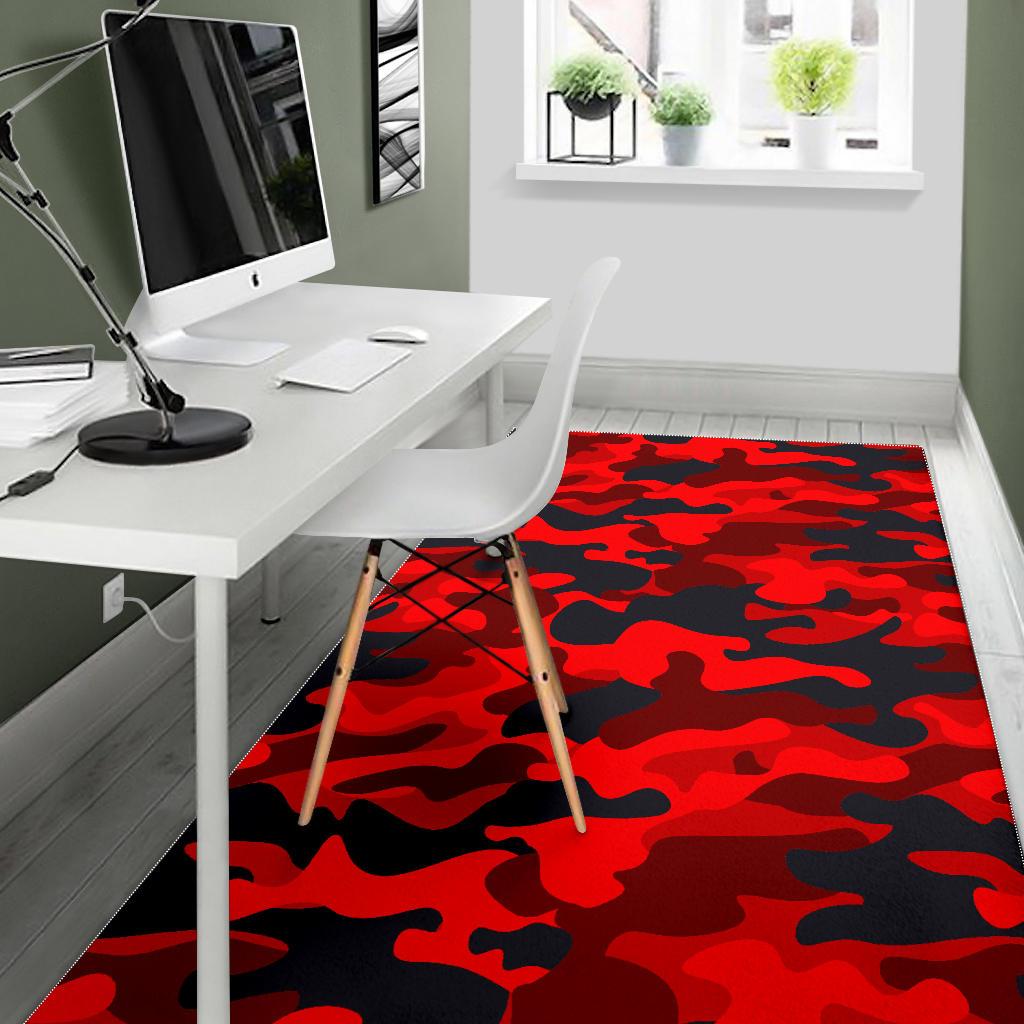 Red And Black Camouflage Print Area Rug GearFrost