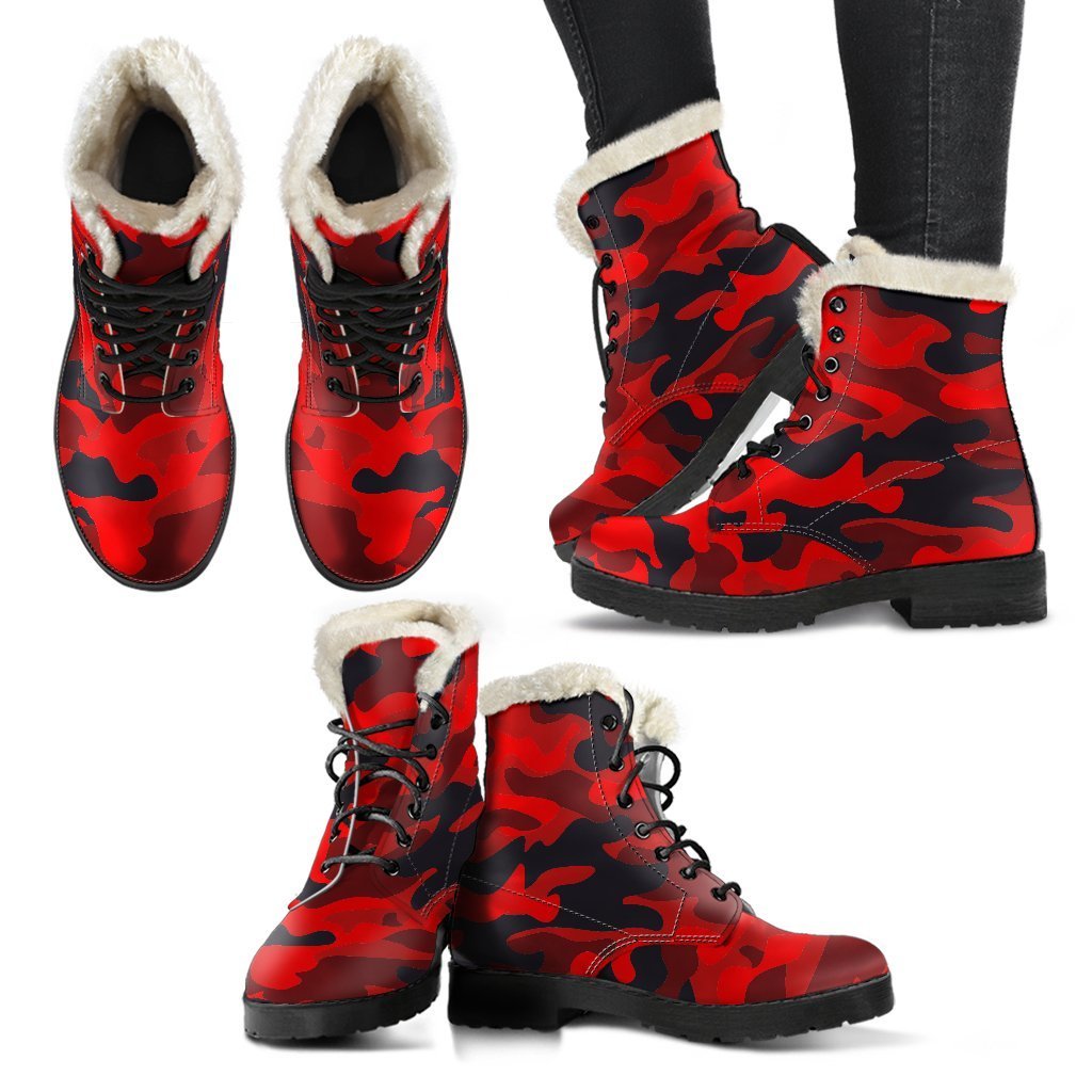 Red And Black Camouflage Print Comfy Boots GearFrost