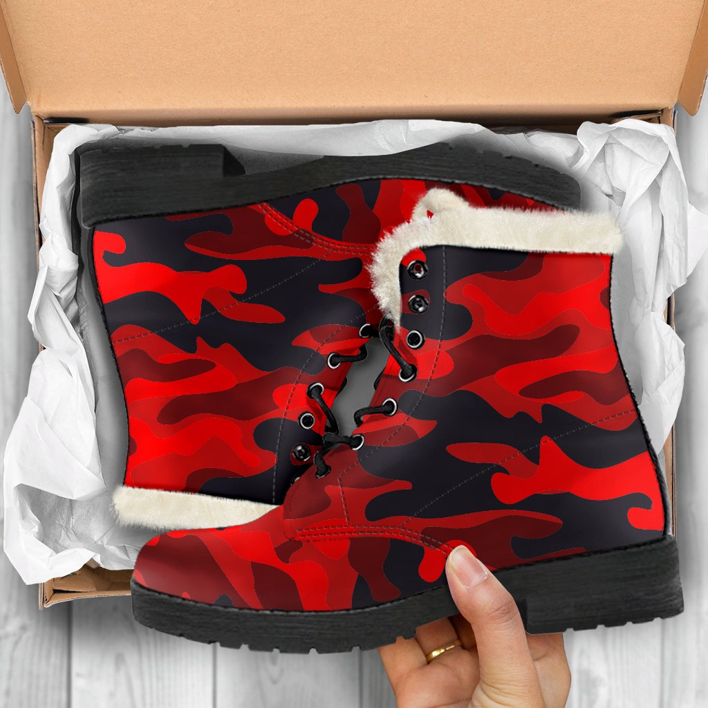 Red And Black Camouflage Print Comfy Boots GearFrost