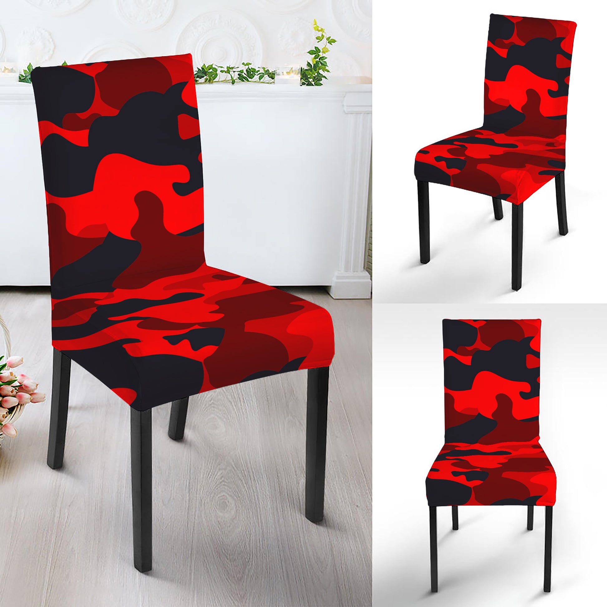 Red And Black Camouflage Print Dining Chair Slipcover