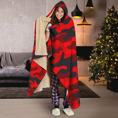 Red And Black Camouflage Print Hooded Blanket