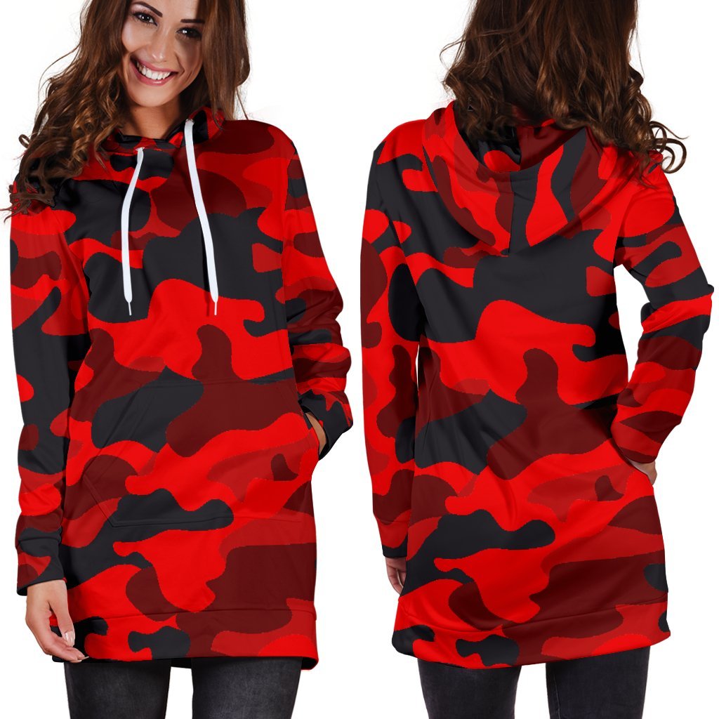 Red And Black Camouflage Print Hoodie Dress GearFrost
