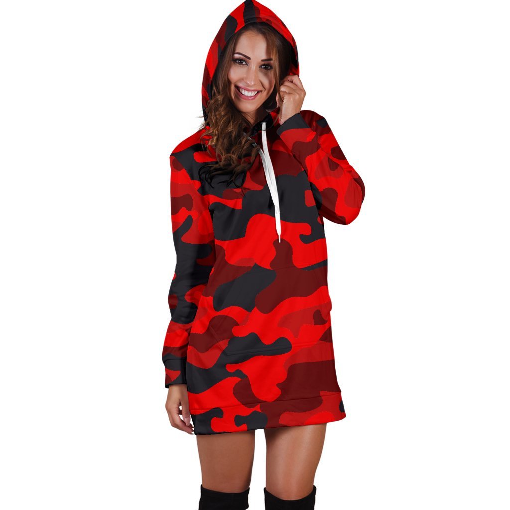 Red And Black Camouflage Print Hoodie Dress GearFrost