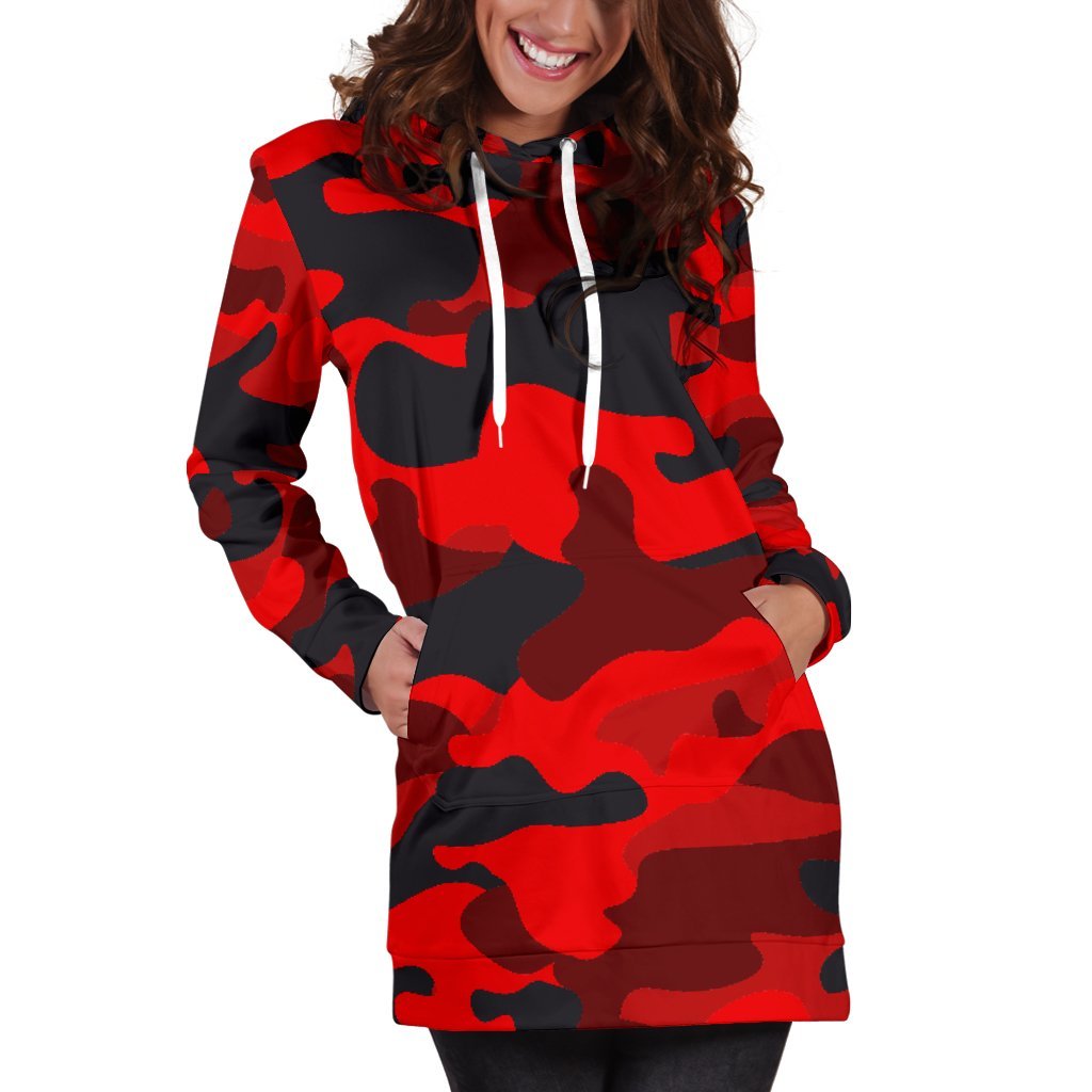 Red And Black Camouflage Print Hoodie Dress GearFrost