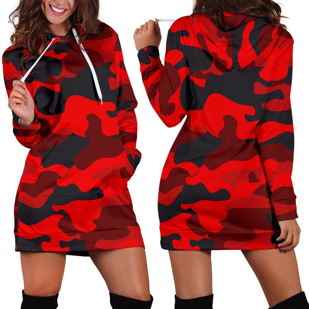 Red And Black Camouflage Print Hoodie Dress GearFrost