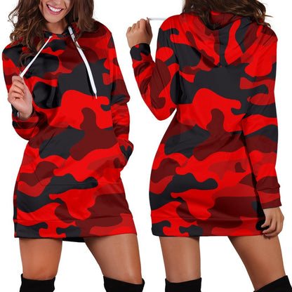 Red And Black Camouflage Print Hoodie Dress GearFrost