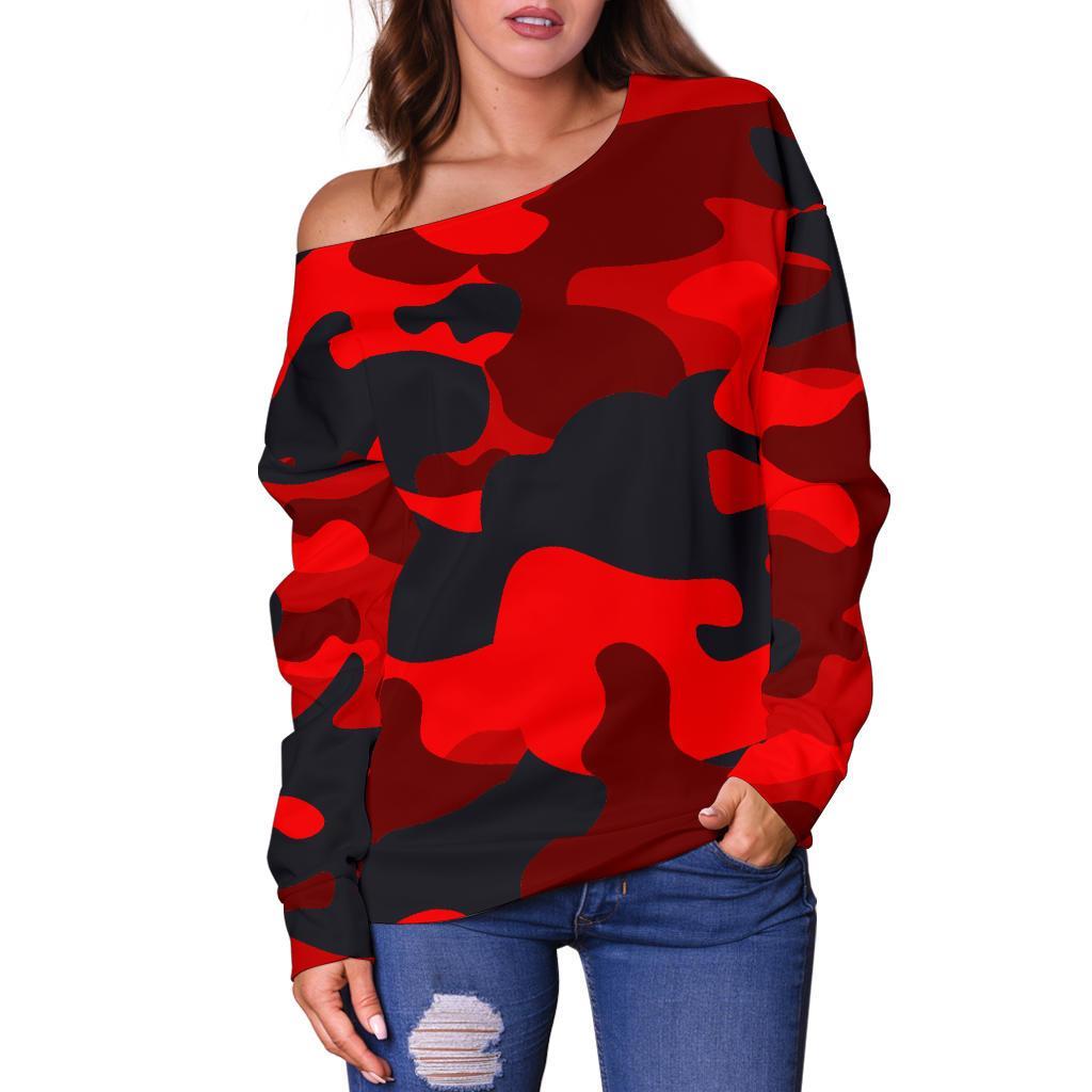 Red And Black Camouflage Print Off Shoulder Sweatshirt GearFrost