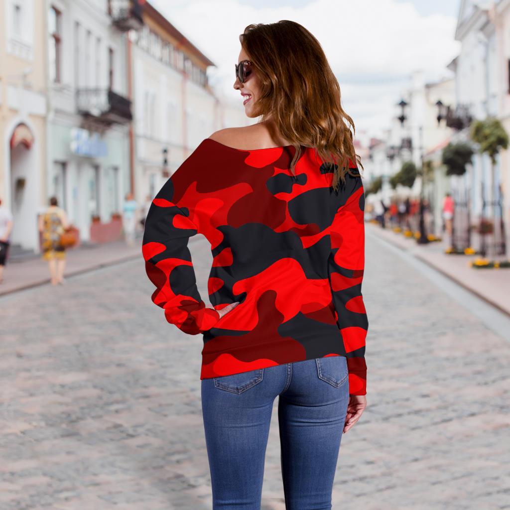 Red And Black Camouflage Print Off Shoulder Sweatshirt GearFrost