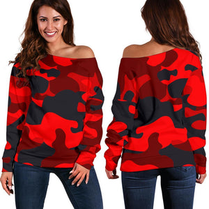 Red And Black Camouflage Print Off Shoulder Sweatshirt GearFrost