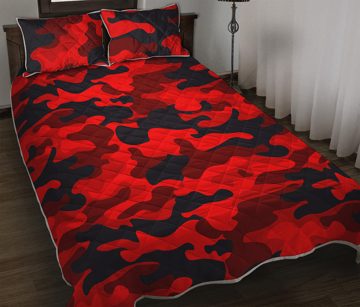 Red And Black Camouflage Print Quilt Bed Set