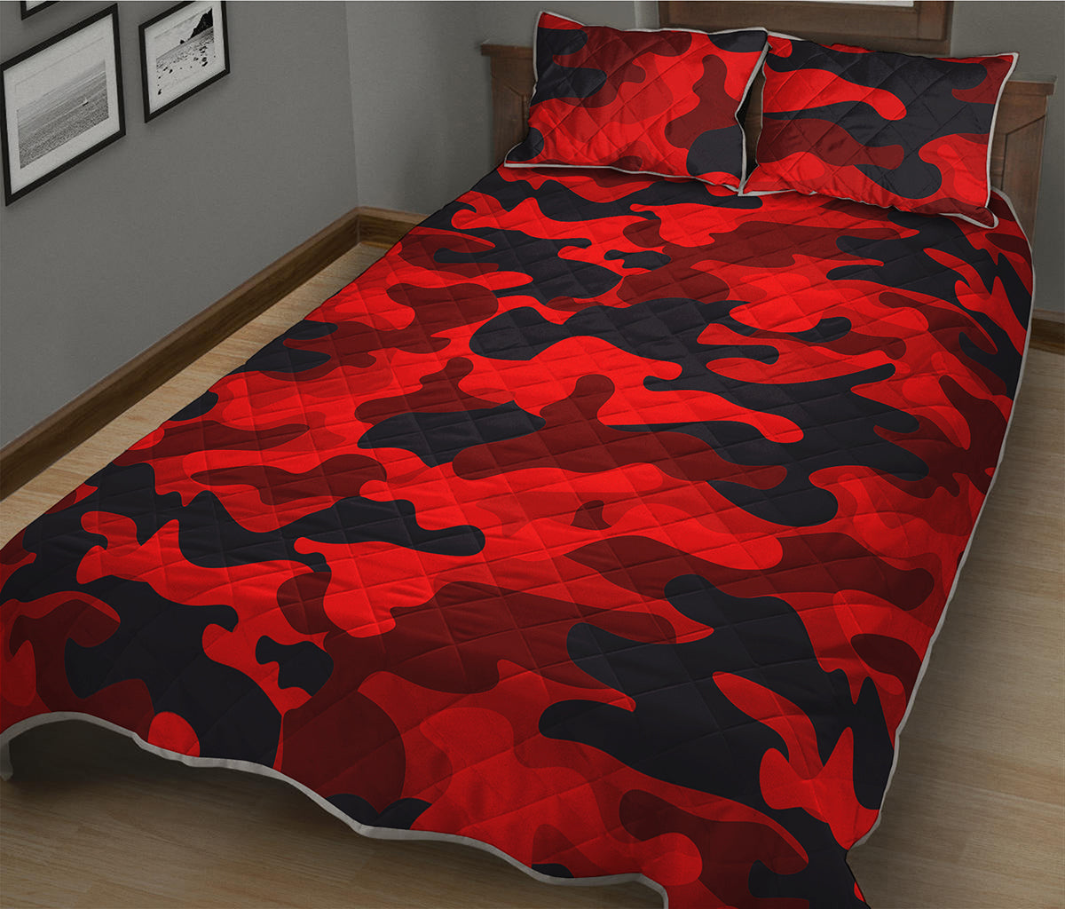 Red And Black Camouflage Print Quilt Bed Set