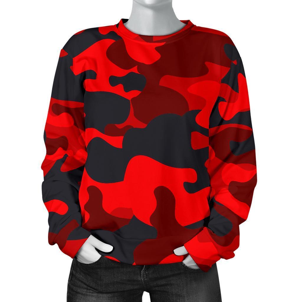 Red And Black Camouflage Print Women's Crewneck Sweatshirt GearFrost