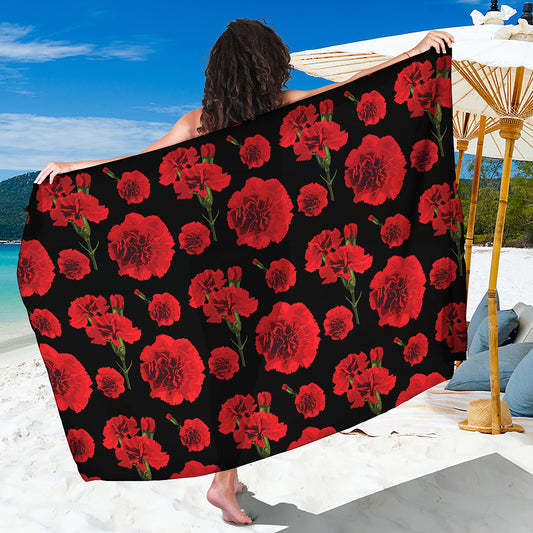 Red And Black Carnation Pattern Print Beach Sarong Wrap