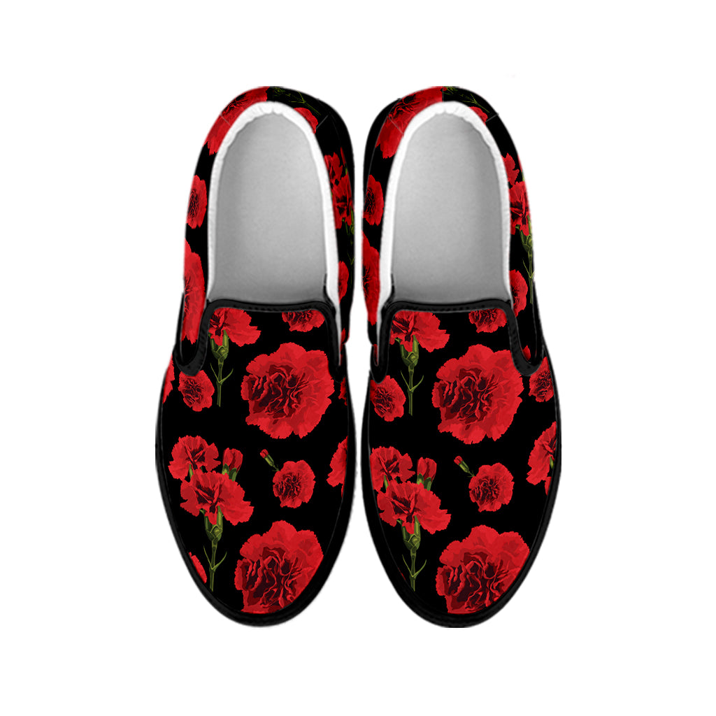 Red And Black Carnation Pattern Print Black Slip On Shoes