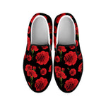 Red And Black Carnation Pattern Print Black Slip On Shoes