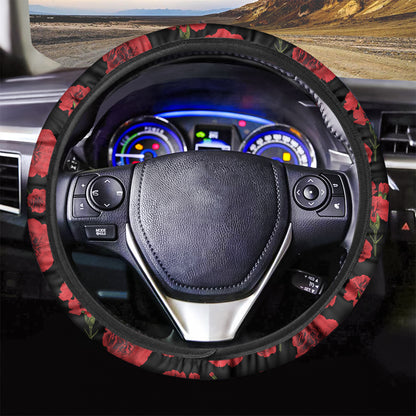 Red And Black Carnation Pattern Print Car Steering Wheel Cover