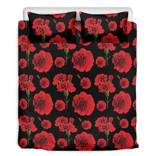 Red And Black Carnation Pattern Print Duvet Cover Bedding Set