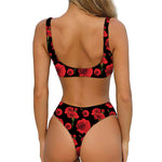 Red And Black Carnation Pattern Print Front Bow Tie Bikini