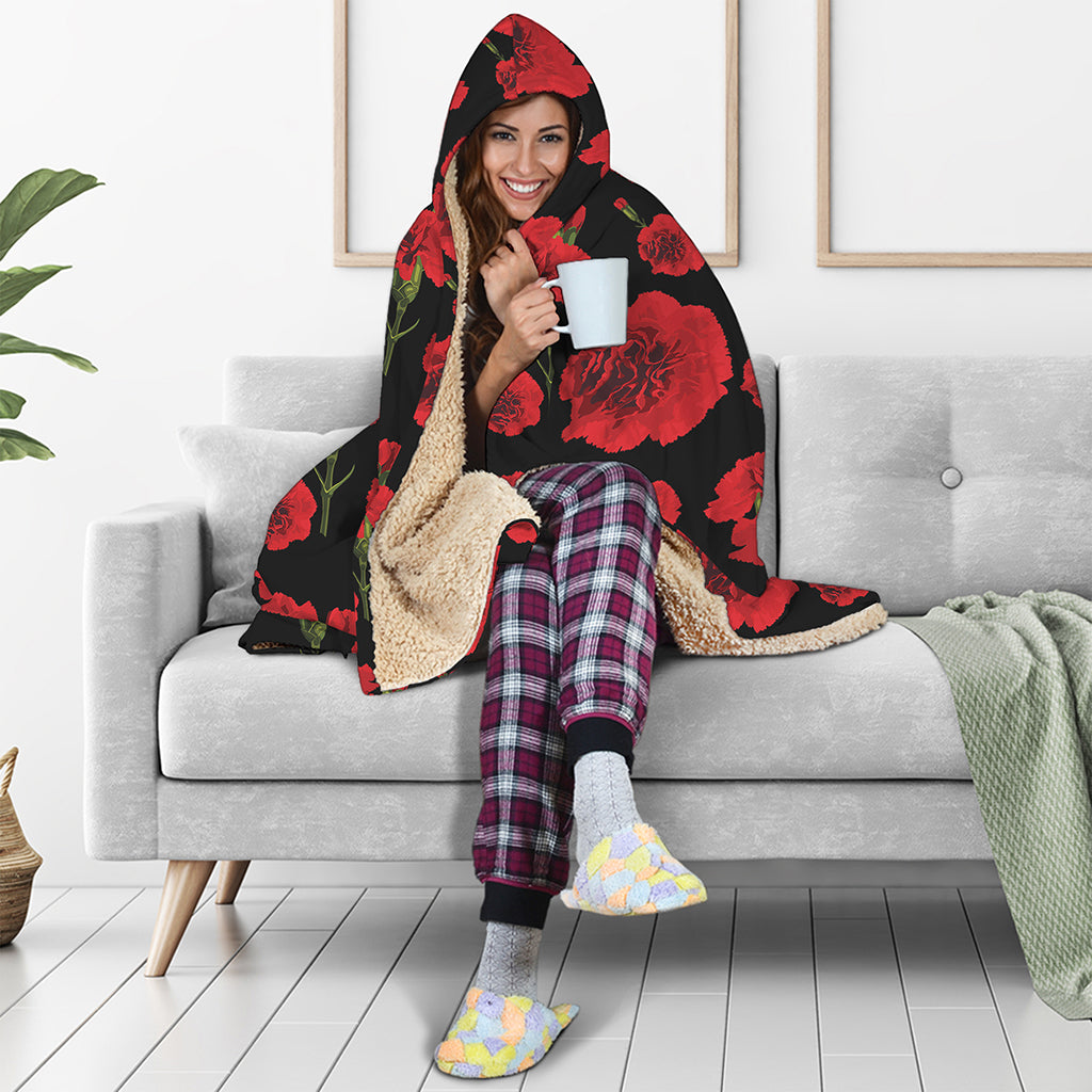 Red And Black Carnation Pattern Print Hooded Blanket