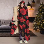 Red And Black Carnation Pattern Print Hooded Blanket