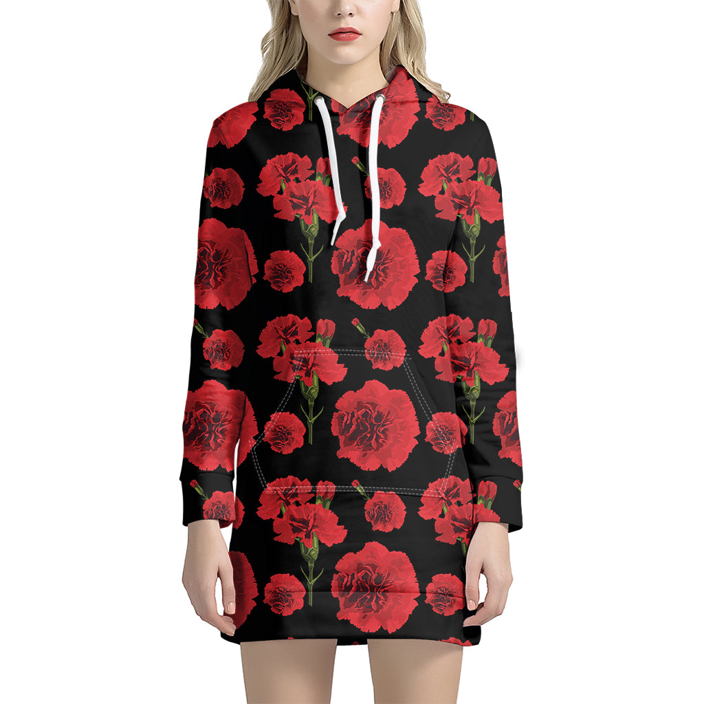 Red And Black Carnation Pattern Print Hoodie Dress