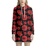 Red And Black Carnation Pattern Print Hoodie Dress