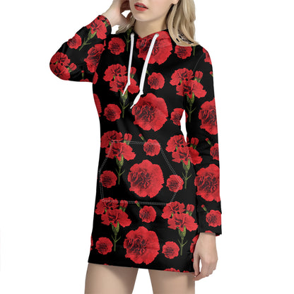 Red And Black Carnation Pattern Print Hoodie Dress