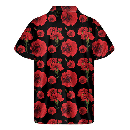 Red And Black Carnation Pattern Print Men's Short Sleeve Shirt