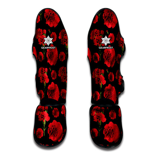 Red And Black Carnation Pattern Print Muay Thai Shin Guard