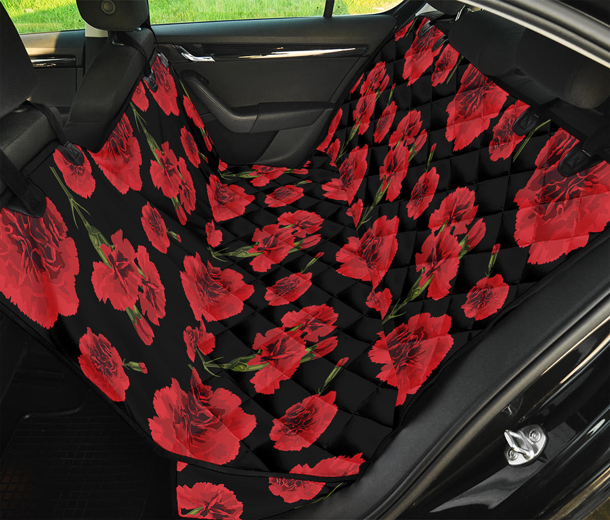 Red And Black Carnation Pattern Print Pet Car Back Seat Cover