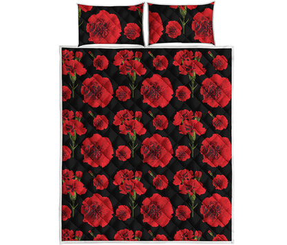 Red And Black Carnation Pattern Print Quilt Bed Set