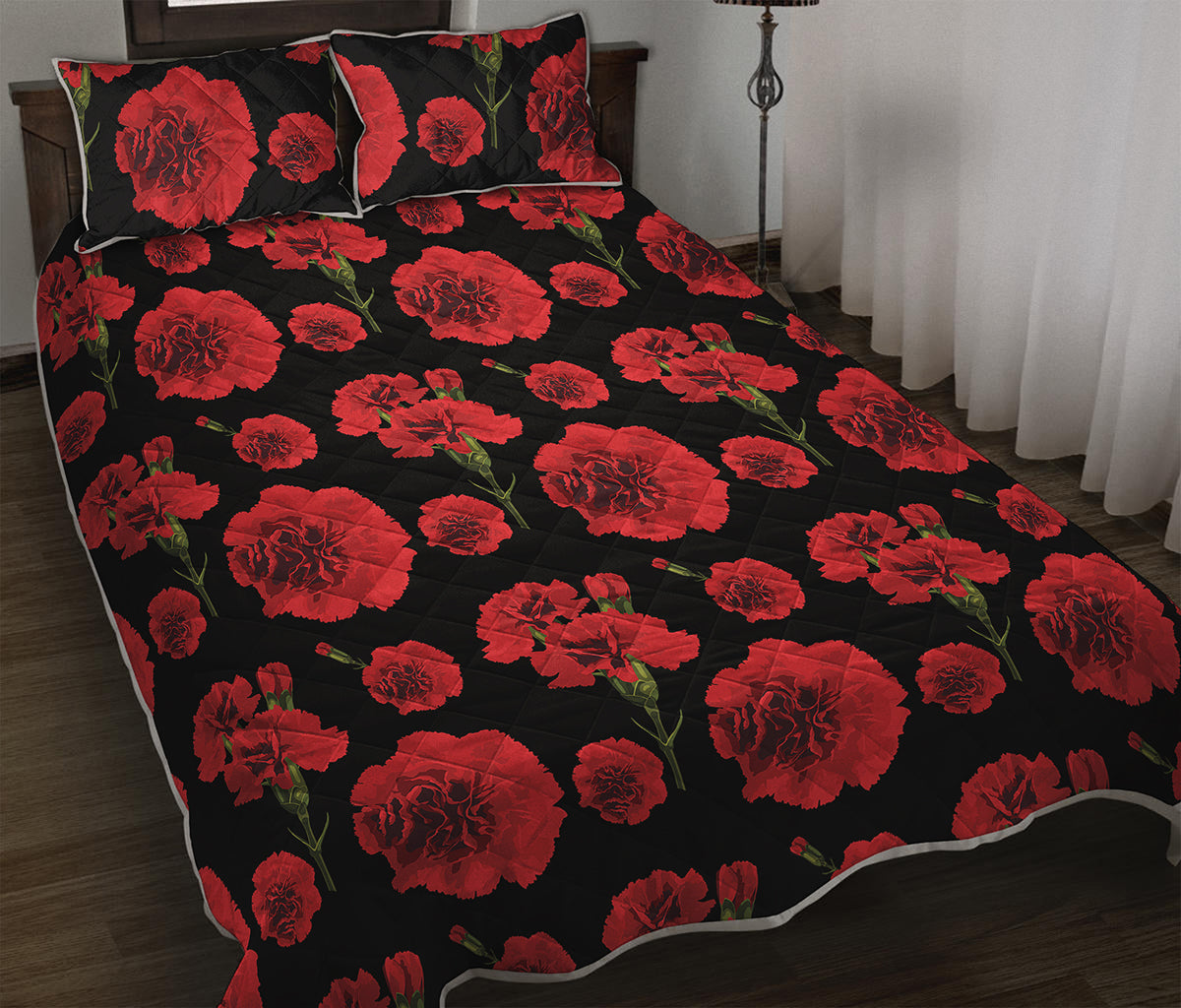Red And Black Carnation Pattern Print Quilt Bed Set