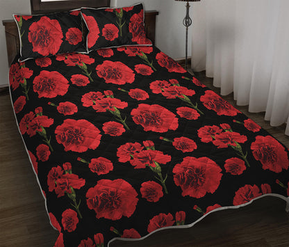 Red And Black Carnation Pattern Print Quilt Bed Set