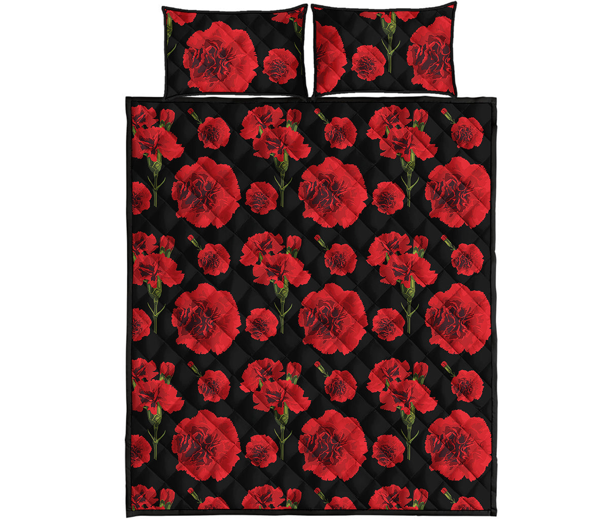 Red And Black Carnation Pattern Print Quilt Bed Set