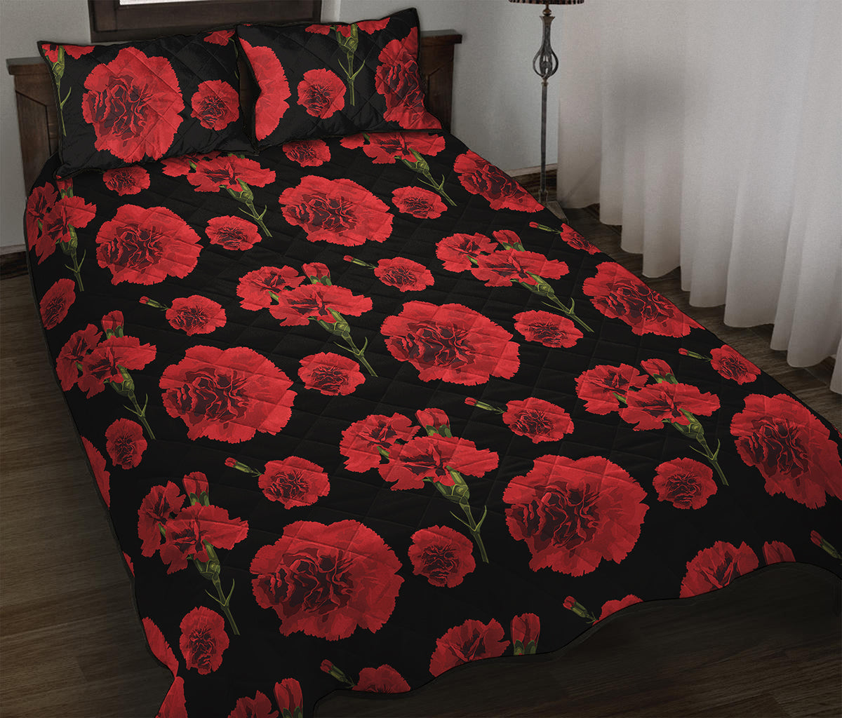 Red And Black Carnation Pattern Print Quilt Bed Set